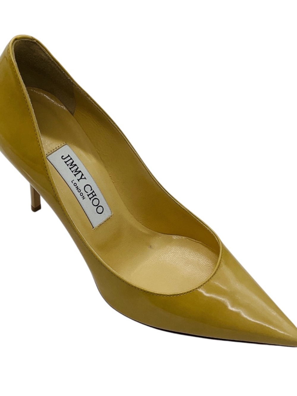JIMMY CHOO NUDE POINTED TOE PATENT LEATHER PUMPS